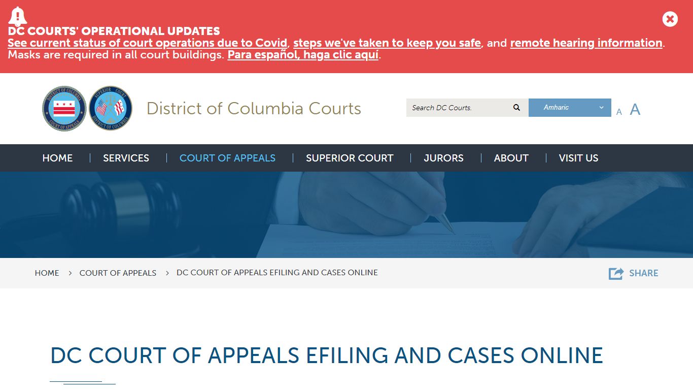 DC Court of Appeals eFiling and Cases Online