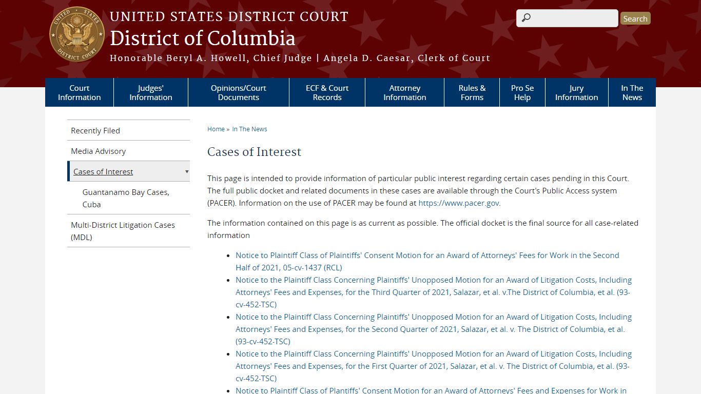 Cases of Interest | District of Columbia | United States District Court