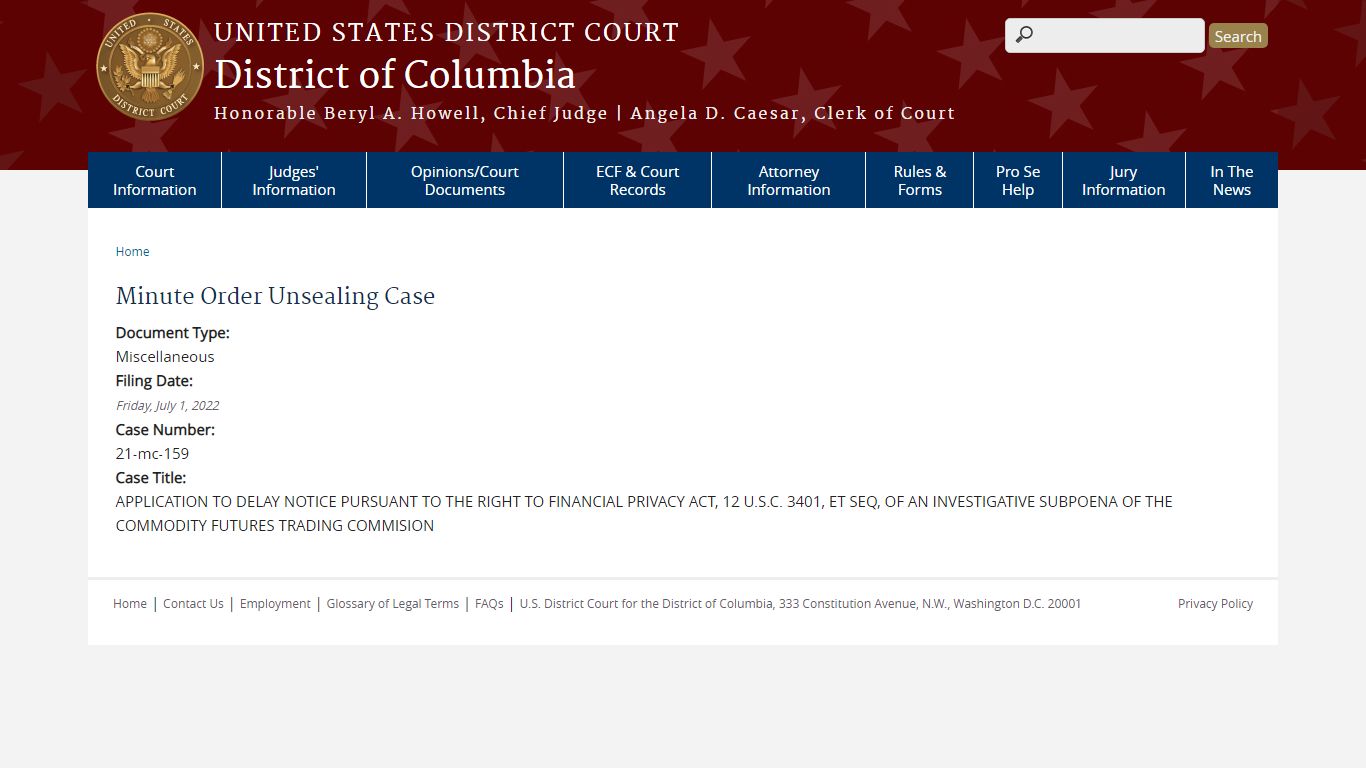 Minute Order Unsealing Case | District of Columbia | United States ...